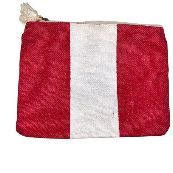 mud pie red white rugby stripe straw zipper pouch make up bag - Picture 1 of 4